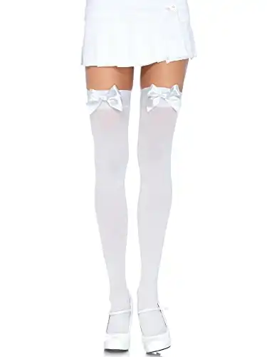 Leg Avenue Women's Satin Bow Accent Thigh Highs, White, One Size