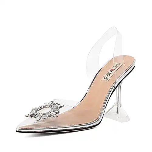 wetkiss Women’s Clear Heels Shoes, Transparent PVC Crystal Rhinestones Slingback Wedding Pointed Toe High Heel Sandals for Women Ladies Female -Sliver Sunflower 3.94″