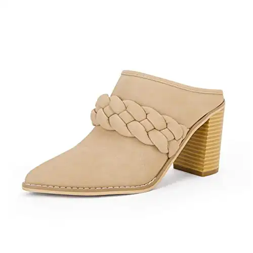 Womens Chunky Block Heel Mules Braided Strap Backless Booties Slip On Closed Pointed Toe Shoes Nude