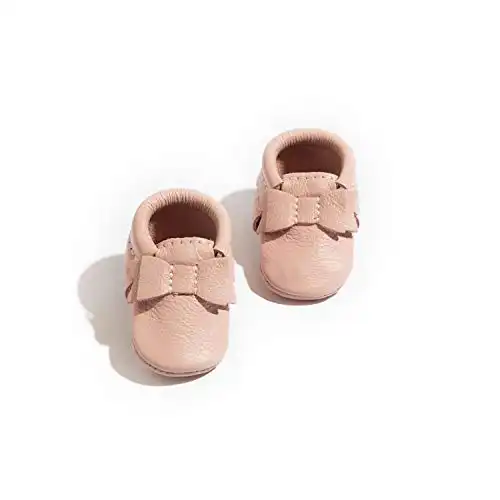 First Pair Soft Sole Newborn Blush Bow Moccasins - Newborn Baby Girl Shoes - Size 0 Blush