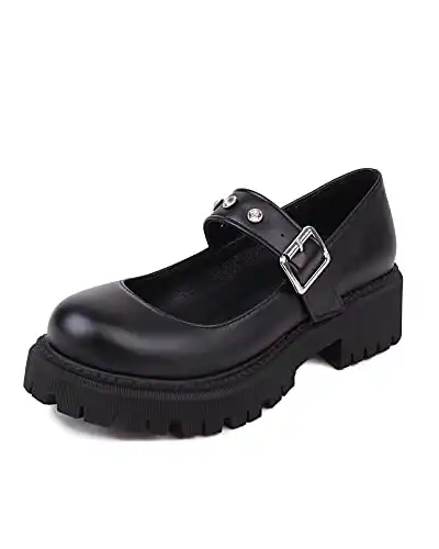 MSKFZEK Mary Janes Shoes Women Platform Chunky Round Toe Ankle Strap Low Heel Uniform Dress Shoes (Black,9.5)