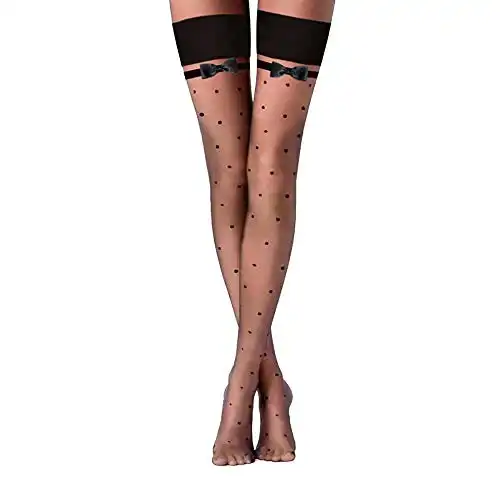 Black Polka Dot Thigh Highs with Bowknot Sheer Over Knee Stockings Tights Pantyhose Socks Women's Lingerie Hosiery (Black Polka Dot)