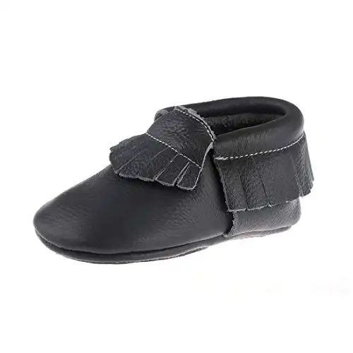Pidoli Baby Leather Shoes-Unisex Girls Boys Moccasins Rubber Sole (3 US6M 6-12Month 5.11" Toddler, Dark Grey)