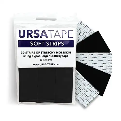 URSA Tape, Stretchy Moleskin Fabric Tape 30-Pack Strips, Heavy-Duty No-Residue Fashion Tape and Body Tape for Fabric, Shoes, Skin and More, Black, 8 x 2.5 cm (3.14 x 0.98 inches)