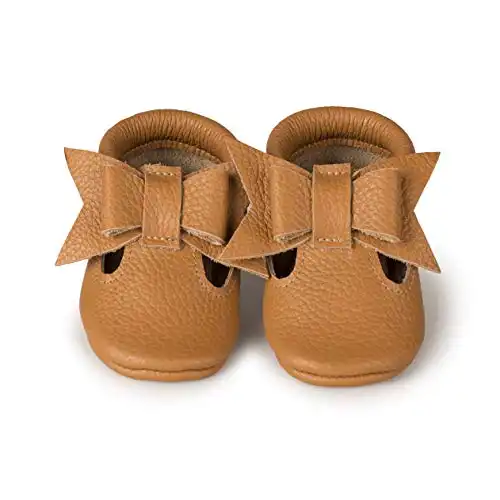 T-Strap Bow Baby Moccasins (Italian Leather) Soft Sole Shoes for Boys and Girls | Infants, Babies, Toddler (Caramel, Numeric_5)