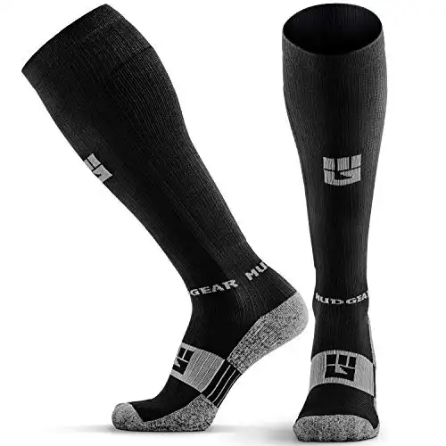MudGear Premium Kompressionssocken - OCR Socken, Kompressionssocken für Frauen, Kompressionssocken für Männer, Trail Running Socken - Laufen, Wandern, Trail, Erholung (Schwarz/Grau-M)