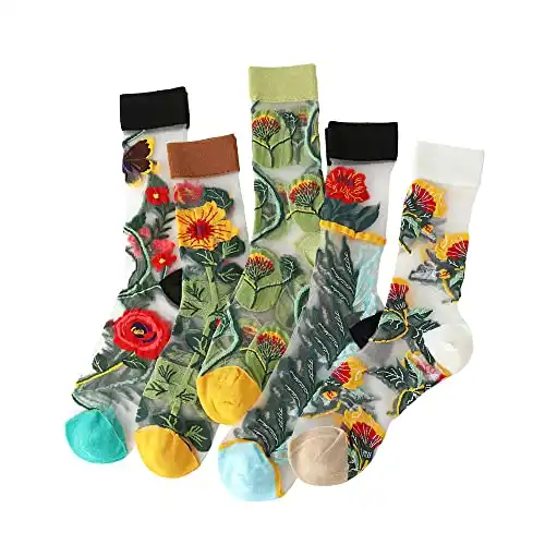 Ballballu Women's 5 Pairs Sheer Mesh Socks Flower Patterned Thin Casual Crew Socks Transparent Cute Summer Socks