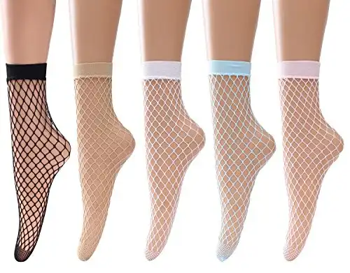 Women's Fishnet Ankle Socks, 5 Pairs(black,nature,white,blue,pink), free size