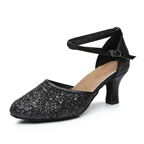 iCKER Womens Latin Dance Shoes Heeled Ballroom Salsa Tango Party Sequin Dance Shoes Black 6