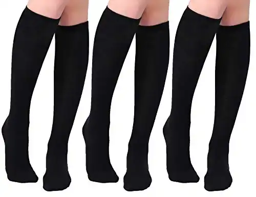 Joulli Women's Knee High Athletic Socks Stripe Tube Outdoor Sport Socks 3 Pairs, Black