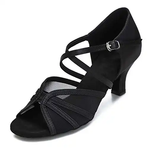 CLEECLI Women's Ballroom Dance Shoes Latin Salsa Dancing Shoes Cross Strap 2.5inch 3inch Heel ZB04(10,Black-2.5 Inch Heel)