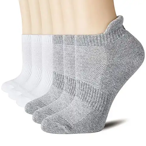 CS CELERSPORT Cushion No Show Tab Athletic Running Socks for Men and Women (6 Pairs),Small, White+Grey