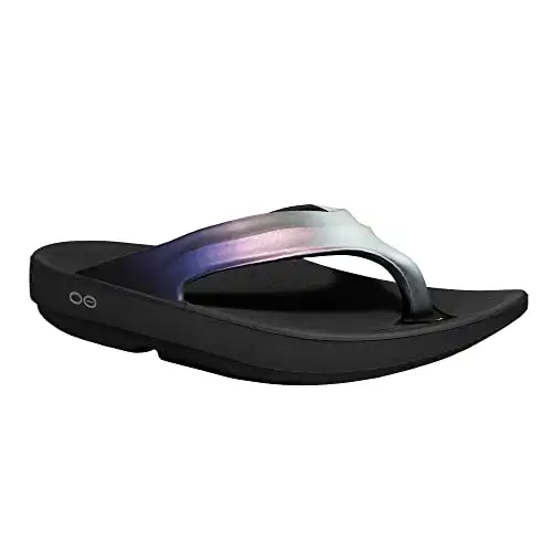 OOFOS OOlala Luxe Sandale, Calypso - Damen Größe 10 - Leichte Erholungsschuhe - Reduziert Stress auf Füße, Gelenke & Rücken - Maschinenwaschbar - Handbemalte Behandlung