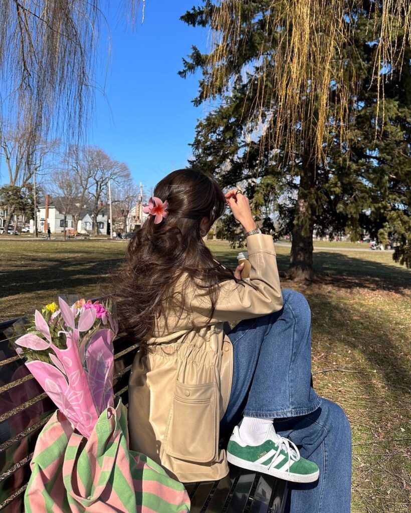 Flared jeans and oversized jacket