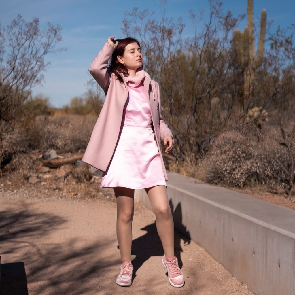 Monochromatic pink layers with matching sneakers