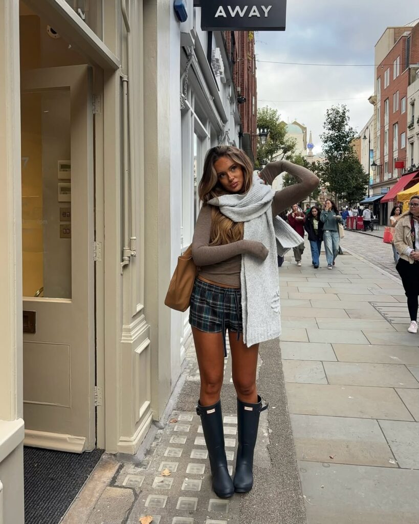 Rain boots and woven scarf