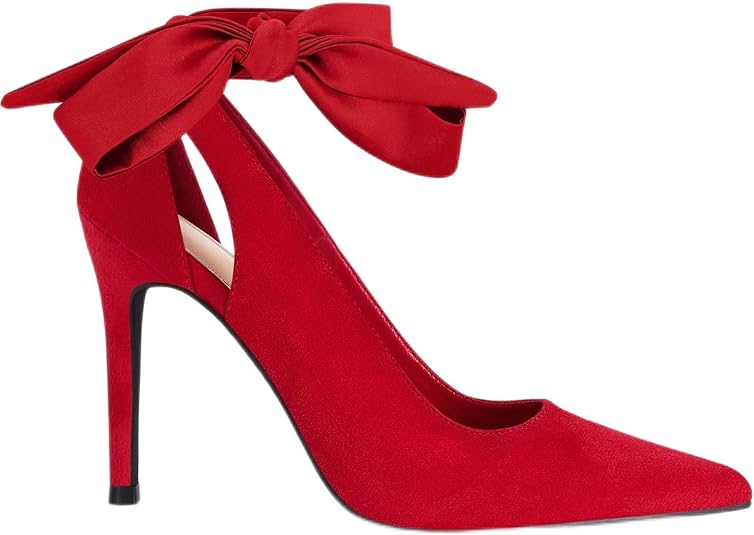 Red stiletto heels with a bow tie