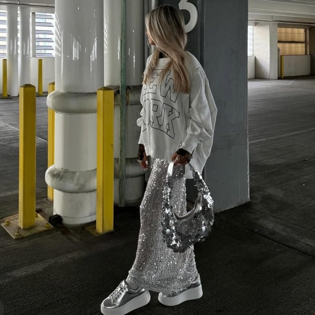 Sequin skirt and oversized sweatshirt