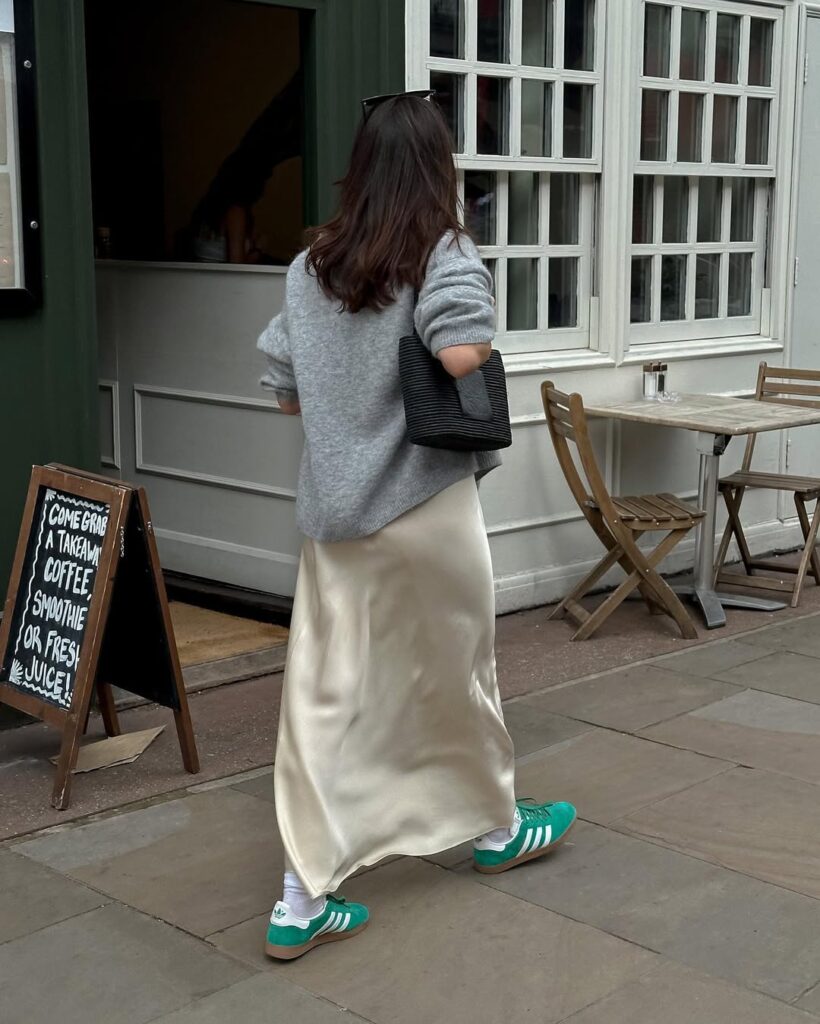 Silky midi skirt and cardigan