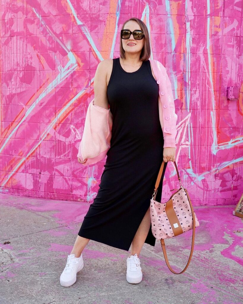 Sleek black dresses with white sneakers