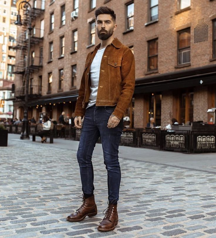 6. Brown Jacket with Cuffed Jeans and Leather Boots