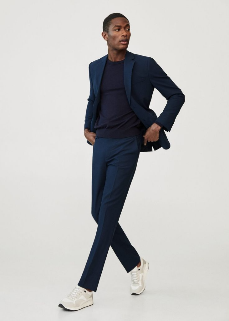 6. Monochromatic Navy Suit with Retro Sneakers