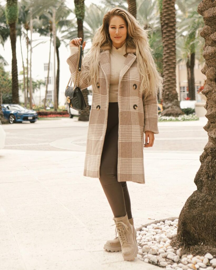 8. Classic Plaid Coat and Beige Combat Boots