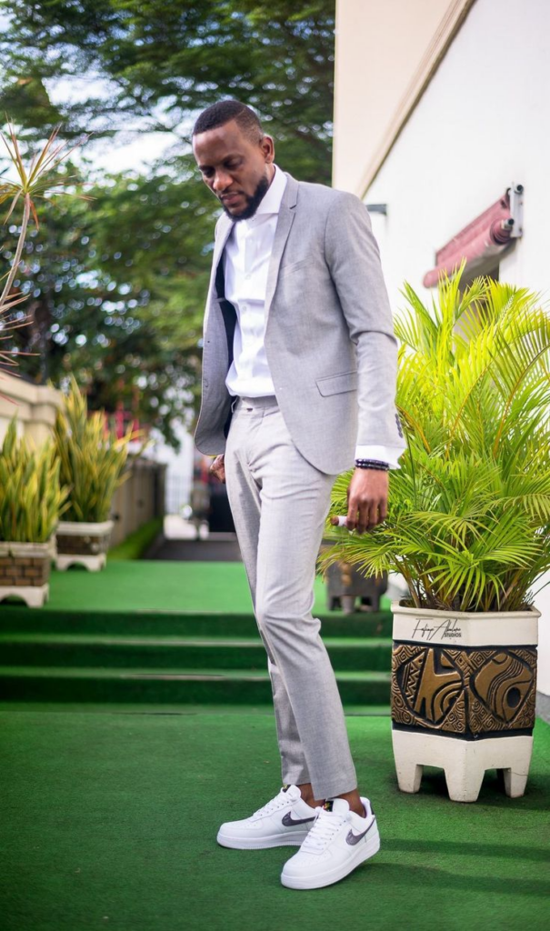 8. Light Gray Suit with Classic White Sneakers