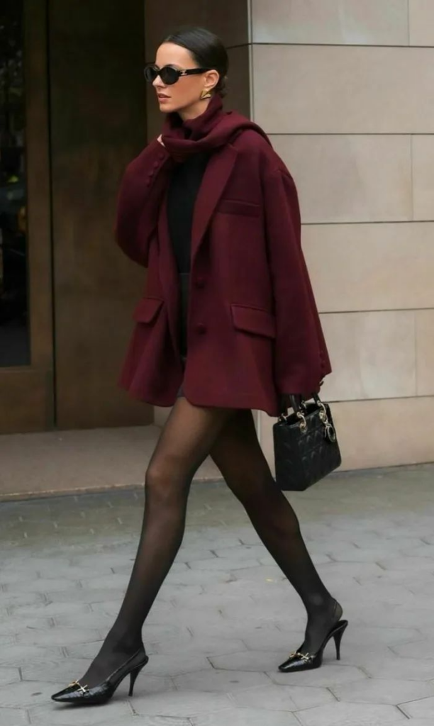 Classic Black Pumps With A Burgundy Blazer