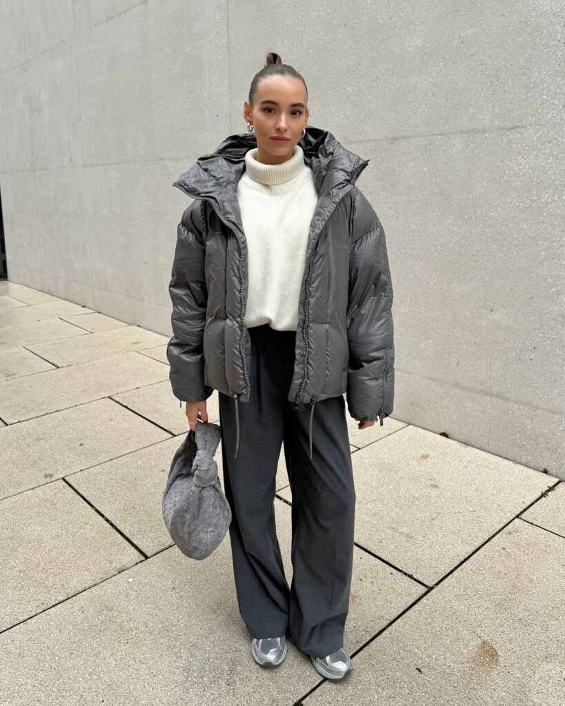 Gray Puffer and Silver Sneakers