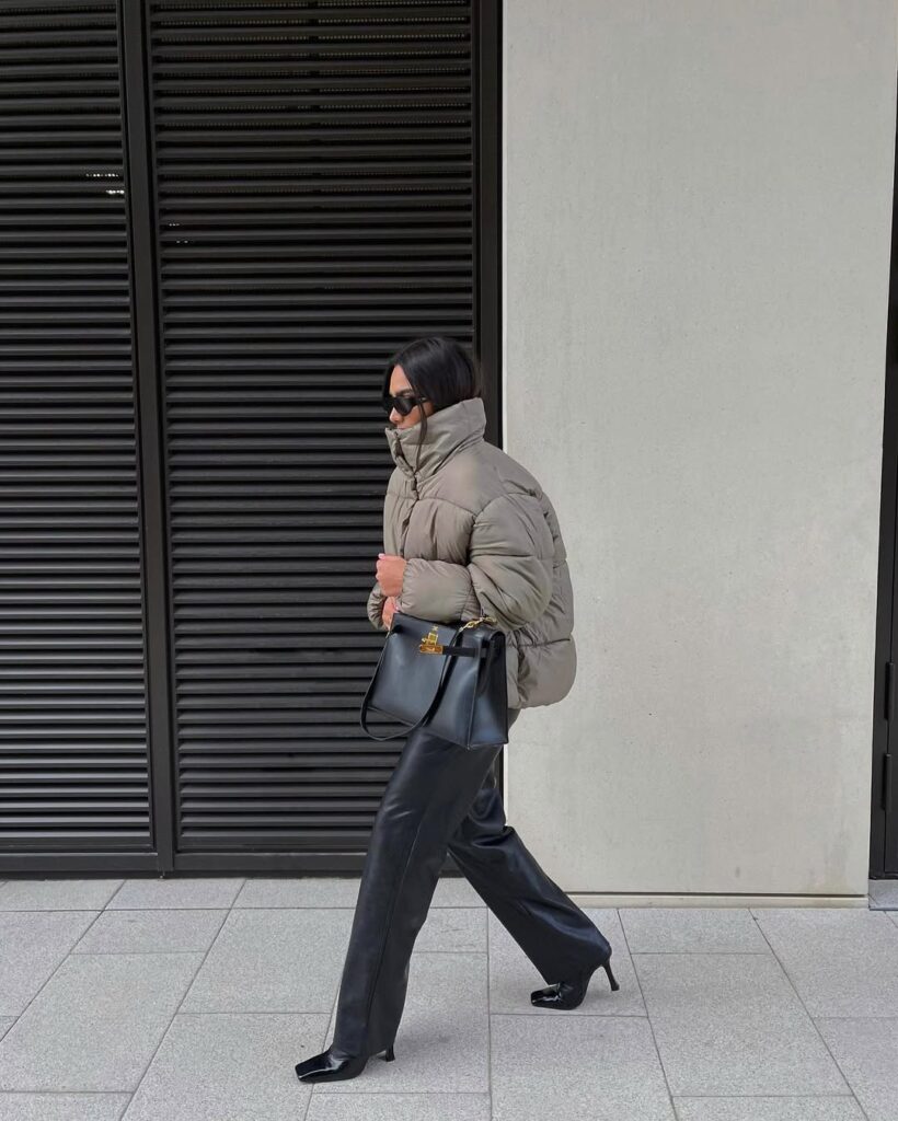 Gray Puffer and Stiletto Boots