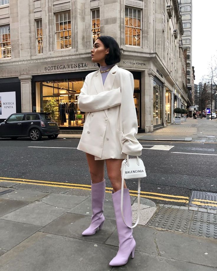 Lilac boots with a blazer dress