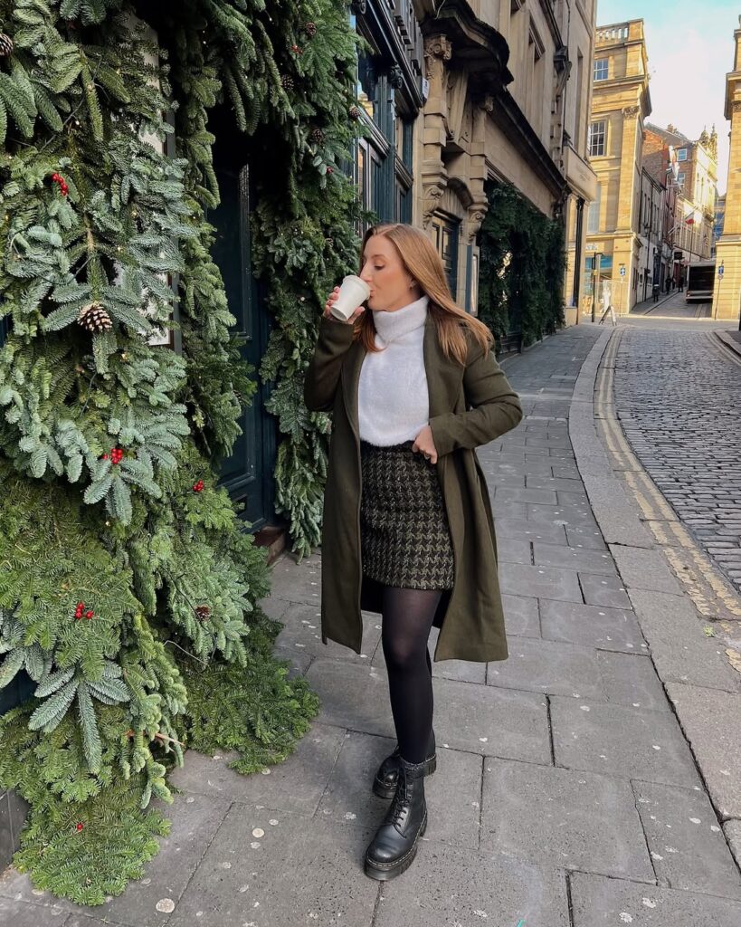 Patterned Mini Skirt with Tights and Lace Up Ankle Boots