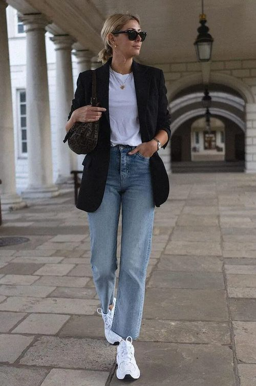 White Sneakers With A Black Blazer And Jeans